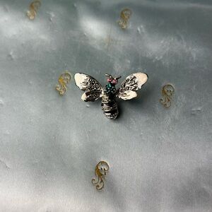 Vintage Bee Brooch, Silver Tone Rhinestone Insect Pin, Mid-Century Style